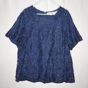 Candlelight Champagne Silk Sequin Mesh Beaded Top Women 24WP Blue‎ Short Sleeve